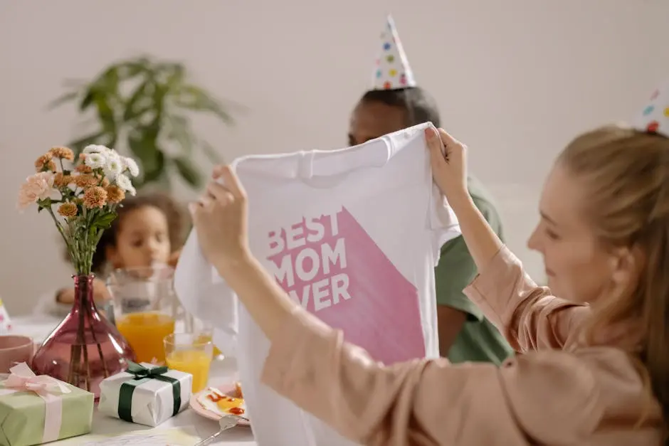 A joyful indoor Mother’s Day celebration featuring a family with a ‘Best Mom Ever’ shirt.