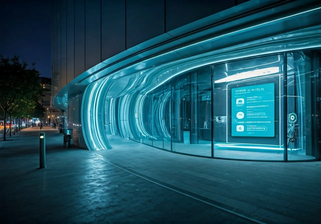 A futuristic medspa exterior with digital booking interface. 35mm stock photo