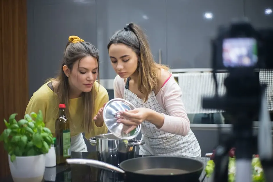 Two women preparing a meal in a modern kitchen, showcasing culinary skills.