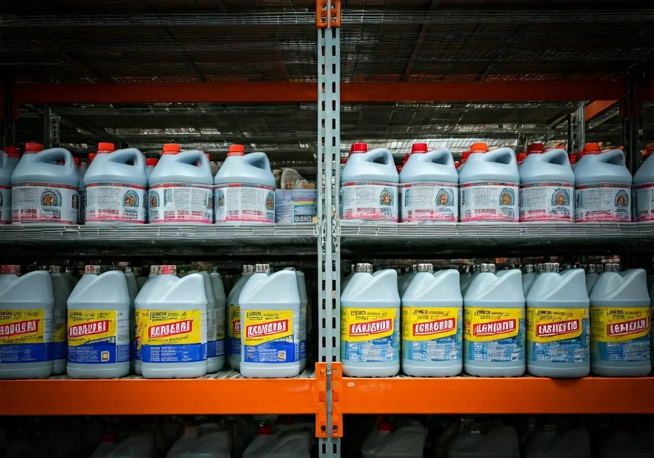A warehouse shelf filled with large bottles of lighter fluid. 35mm stock photo