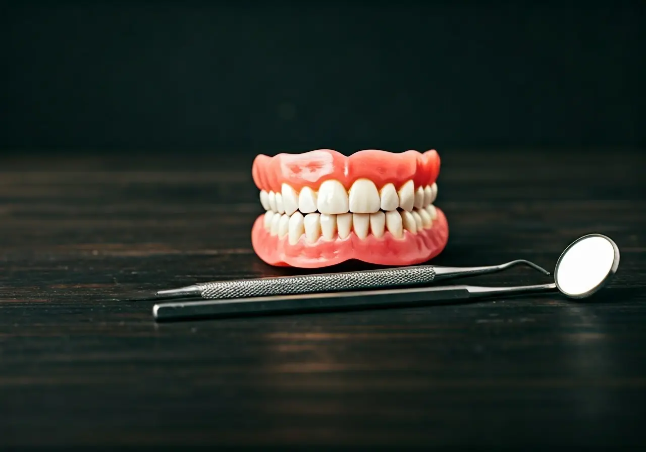 A pair of dentures with dental tools on a clean surface. 35mm stock photo