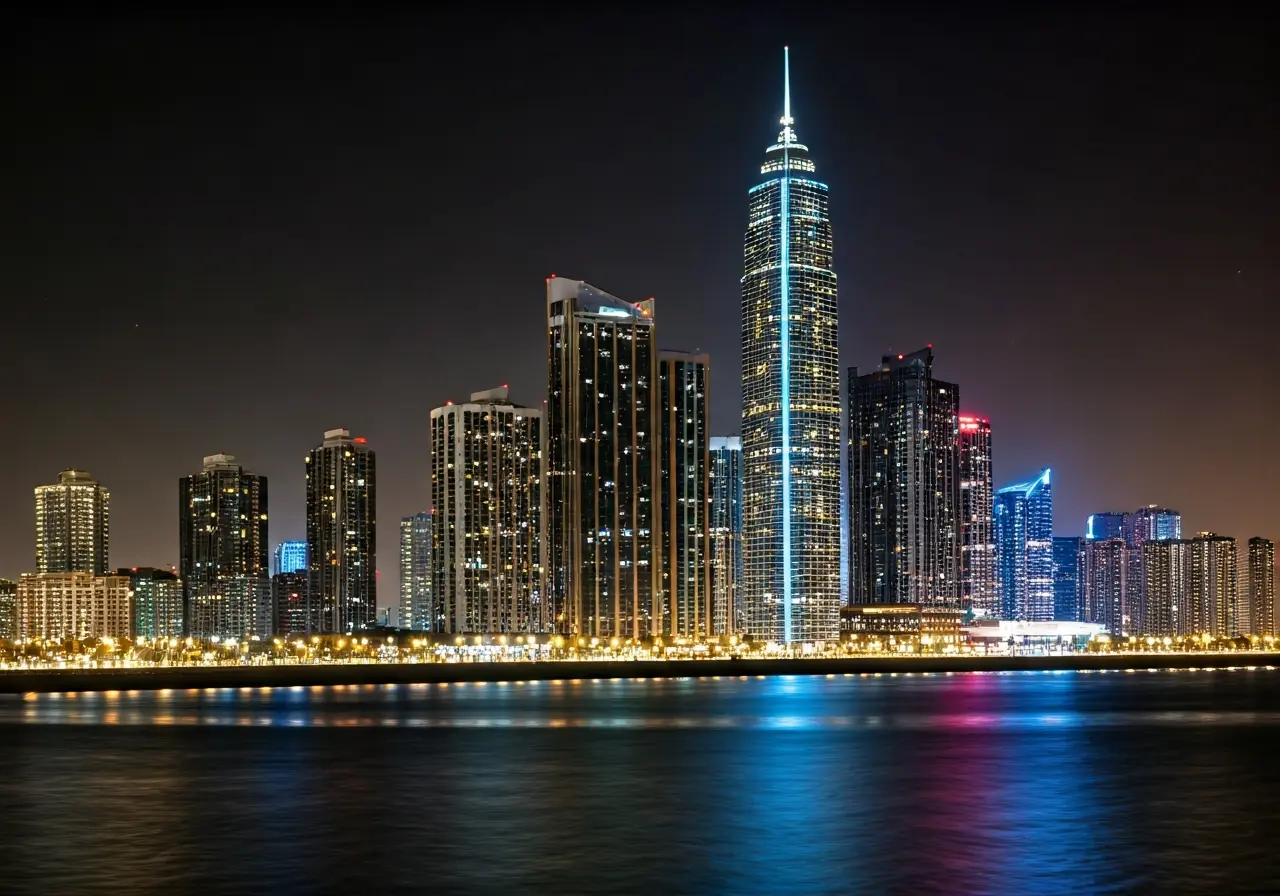 A futuristic city skyline illuminated by colorful automated lights. 35mm stock photo