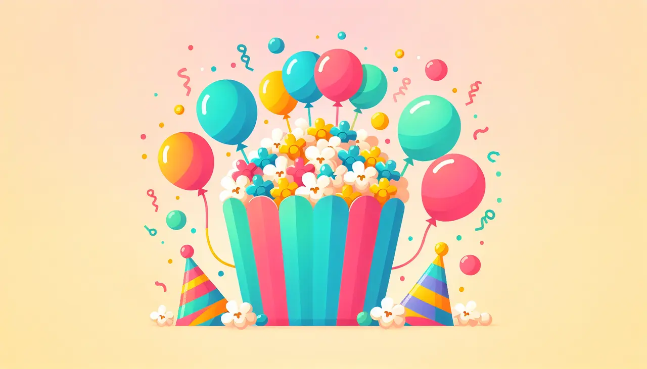 Draw a graphic in flat design style. A colorful flat design illustration of a festive popcorn bucket overflowing with rainbow-colored popcorn, surrounded by balloons and party hats, on a light pastel background.