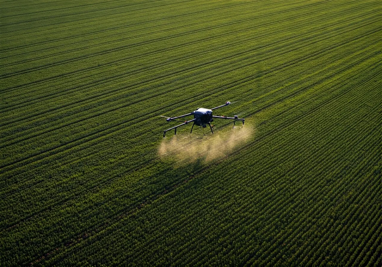 Aerial view of DJI Agras drone spraying a crop field. 35mm stock photo