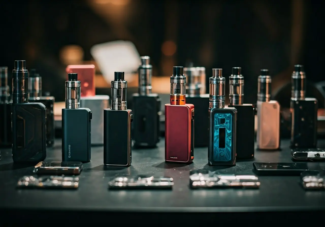 A variety of colorful vape devices displayed on a table. 35mm stock photo