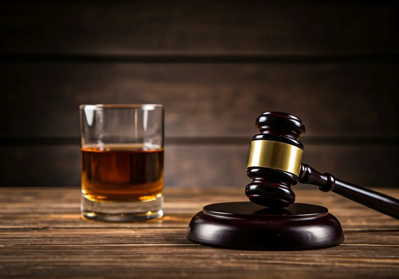 A gavel resting beside a glass of whiskey. 35mm stock photo