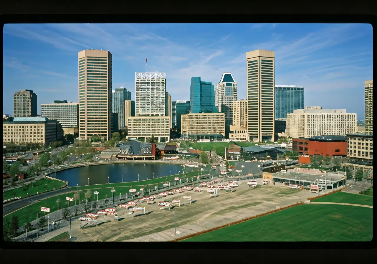 Aerial view of Baltimore skyline with for-sale signs. 35mm stock photo