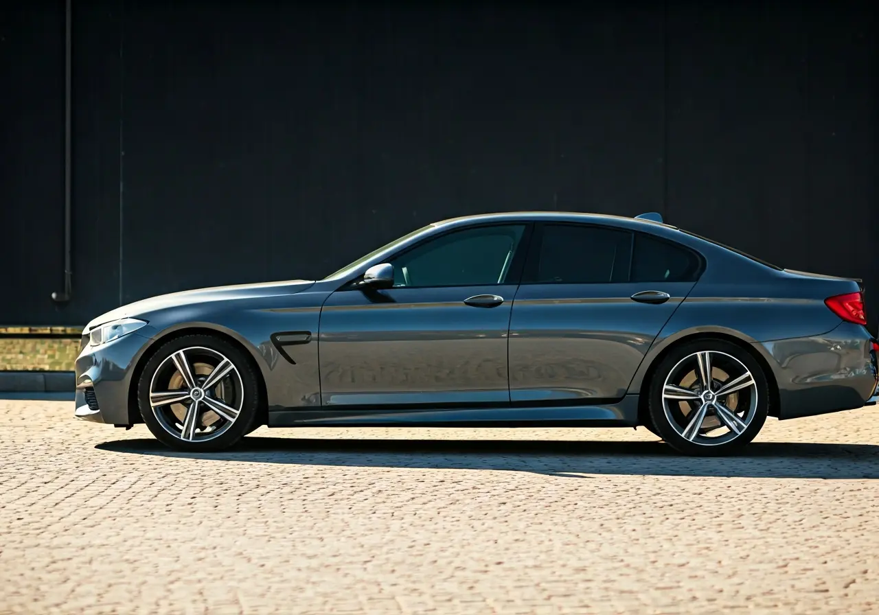 A sleek car with tinted windows parked in sunlight. 35mm stock photo