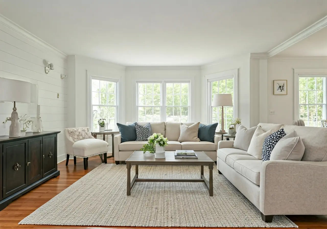 A beautifully staged living room ready for a house showing. 35mm stock photo
