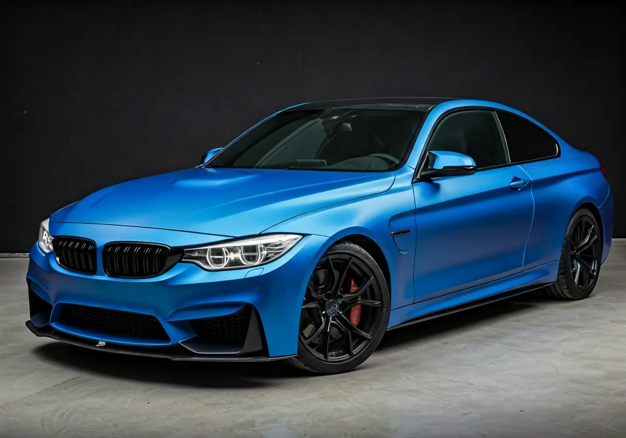 A car partially covered with vibrant blue vinyl wrap. 35mm stock photo