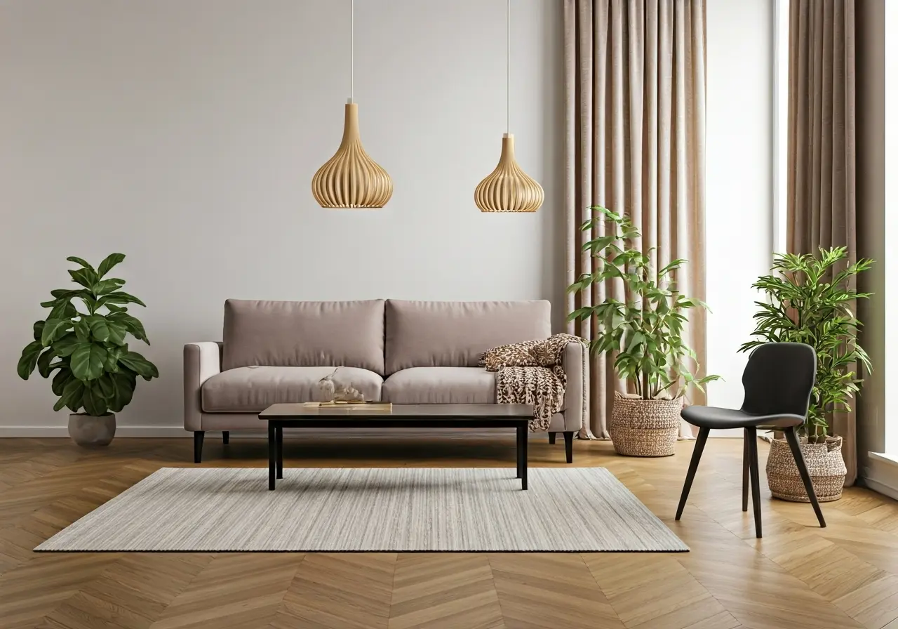 A modern living room with stylish, updated decor and lighting. 35mm stock photo