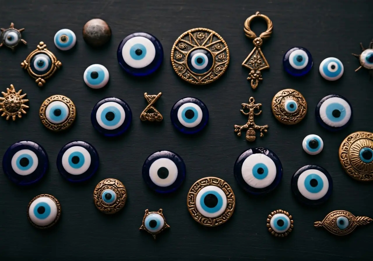 A collection of symbols with the evil eye in focus. 35mm stock photo