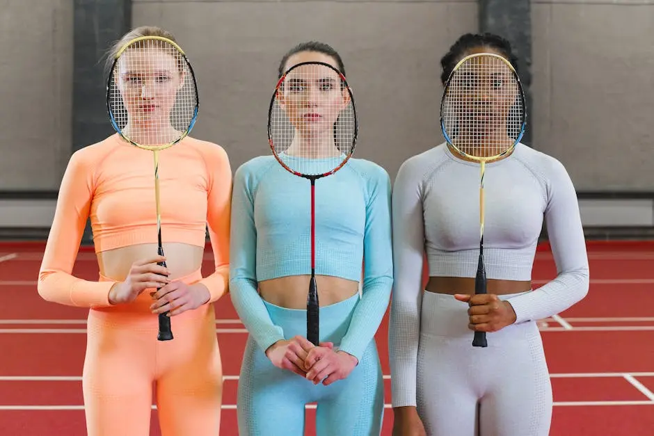 Three women athletes posing with badminton rackets in a gym setting, showcasing sports apparel and equipment.