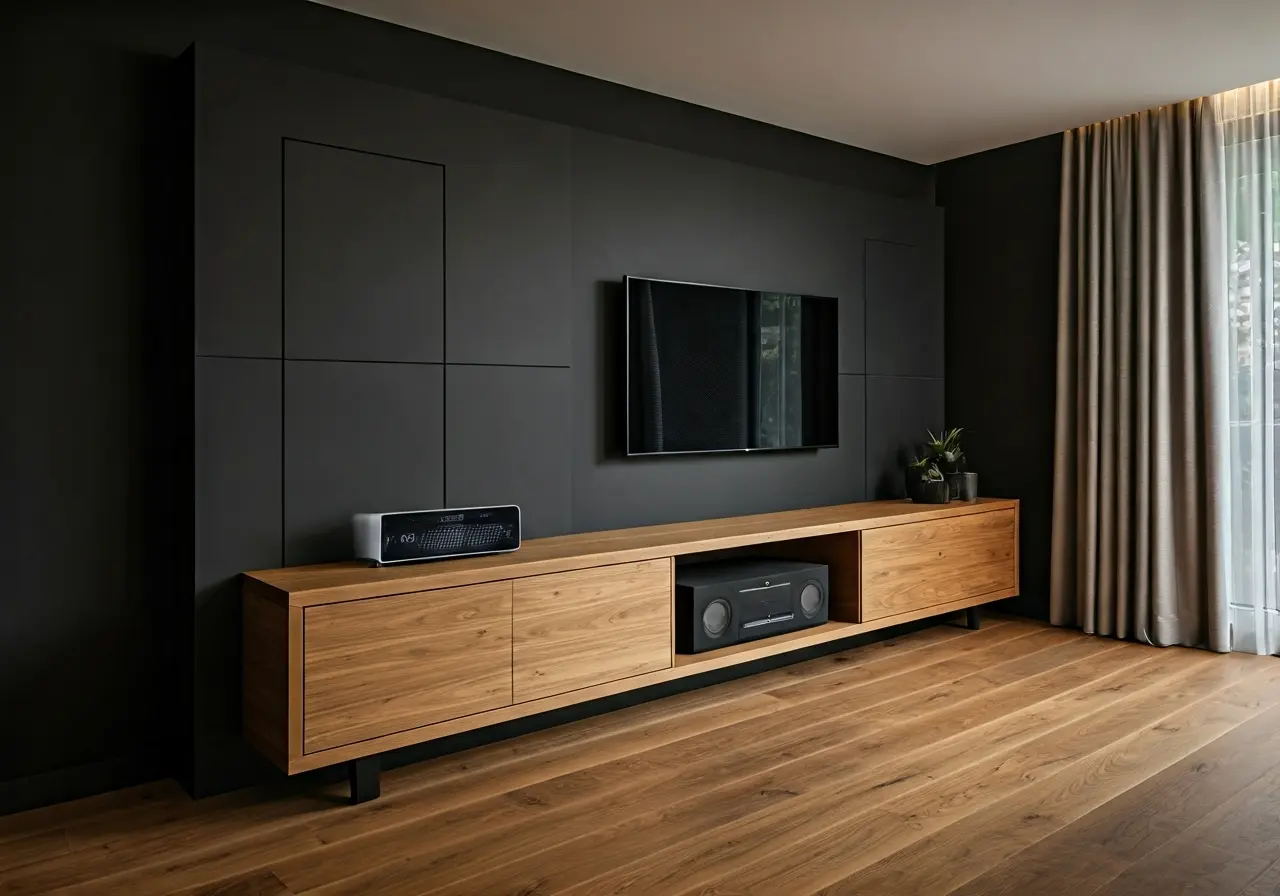 A sleek and modern home theater setup with Control4 system. 35mm stock photo
