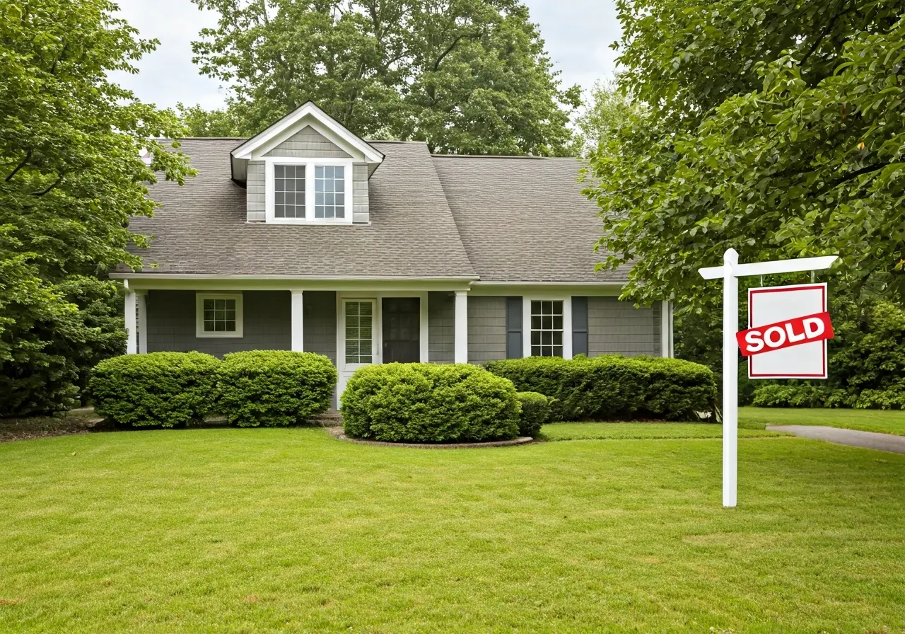 A house with a Sold sign in the yard. 35mm stock photo