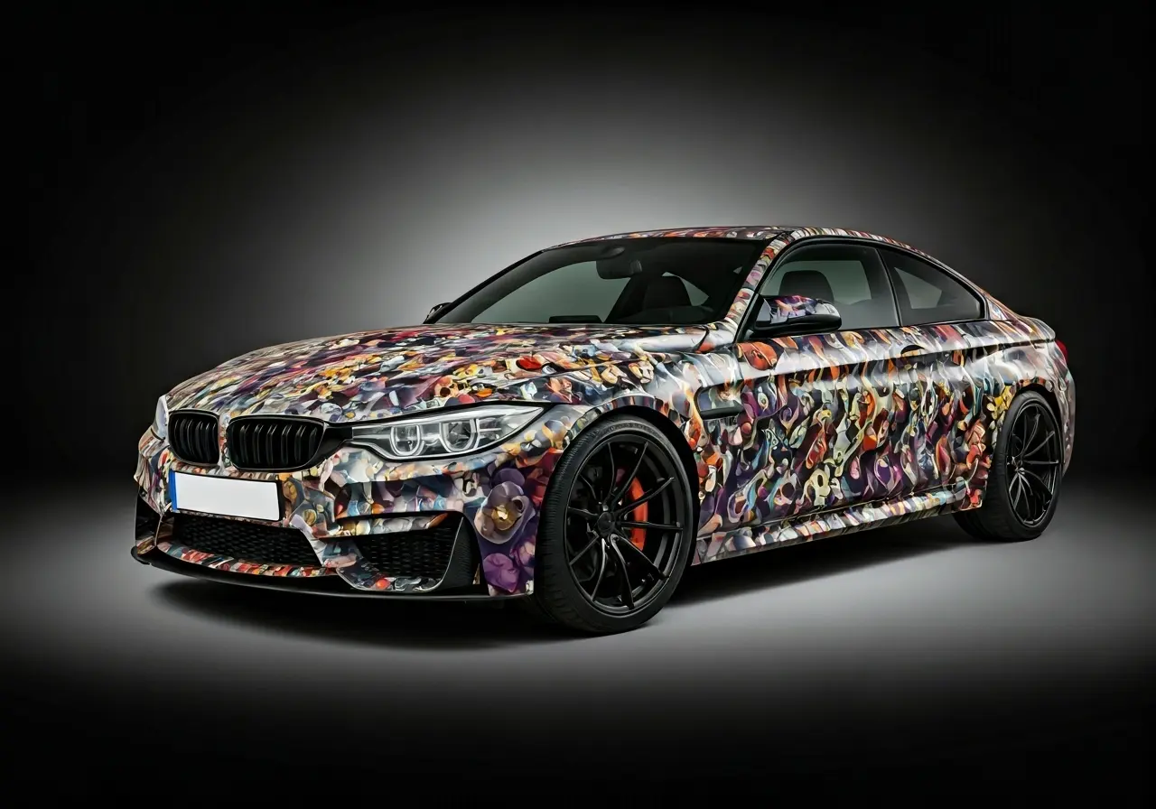 A car with a colorful, eye-catching vinyl wrap design. 35mm stock photo