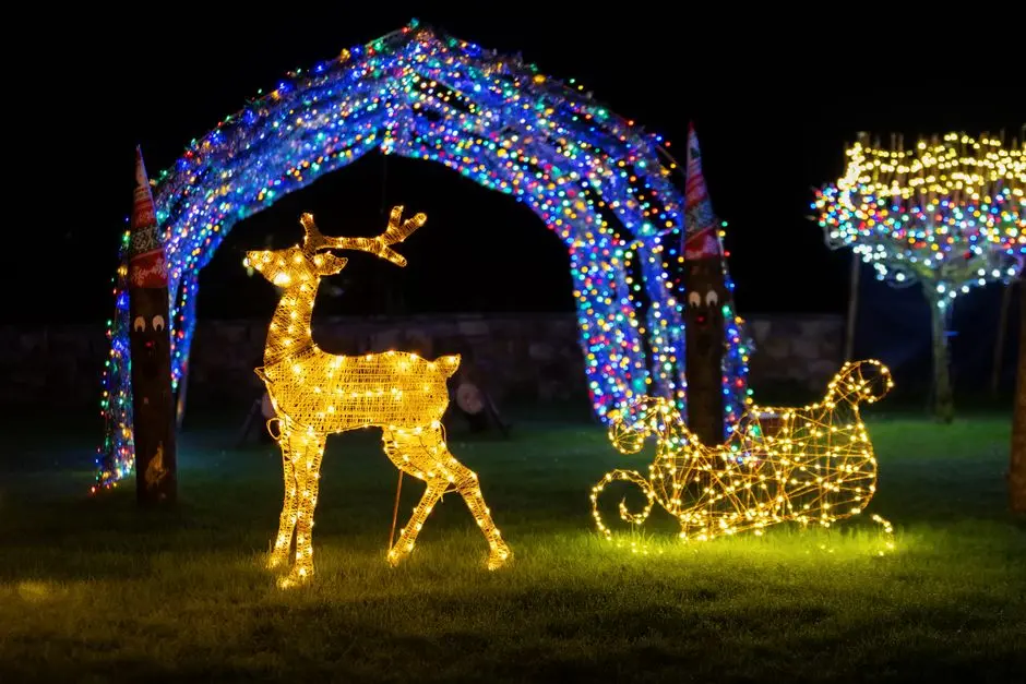 Vibrant outdoor display featuring illuminated reindeer and sleigh under colorful arch for a festive night scene.