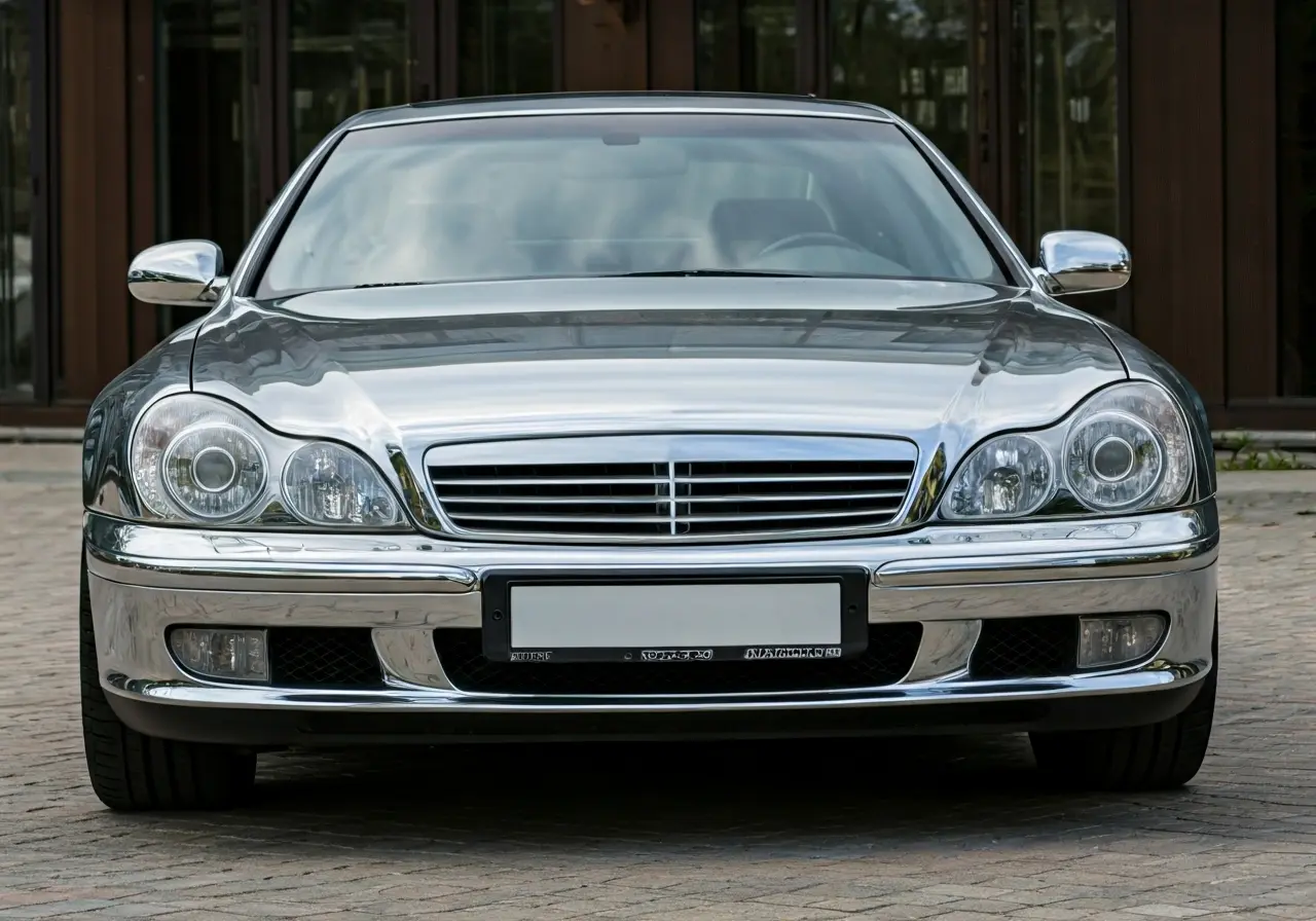 A gleaming luxury car with a polished, mirror-like finish. 35mm stock photo