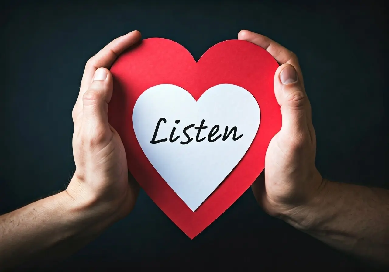 Two hands holding a heart-shaped paper with words Listen. 35mm stock photo