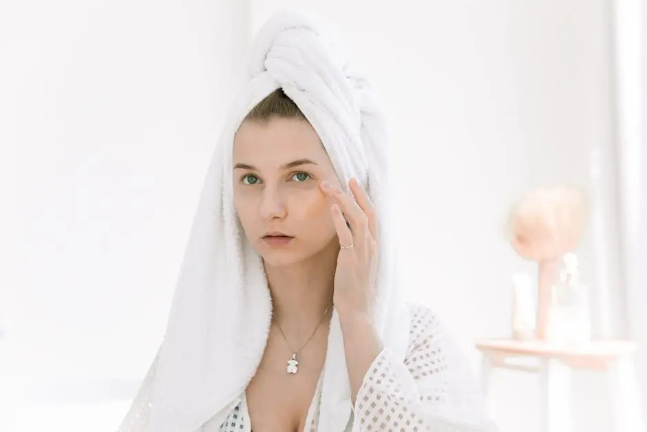 A woman in a bathrobe applying skincare products in a bright indoor setting.