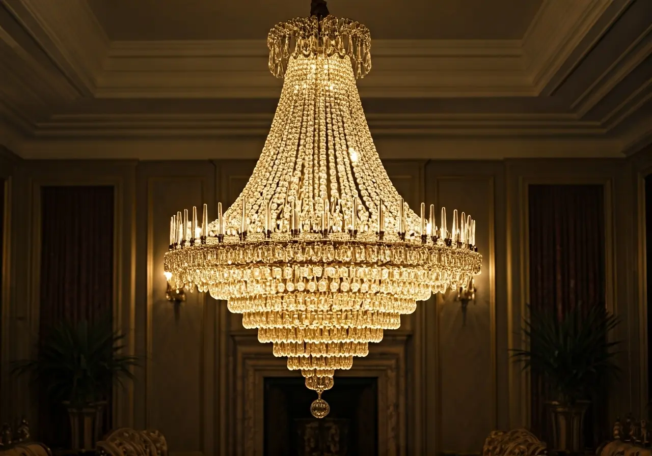 A lavish chandelier illuminating an elegantly furnished living room. 35mm stock photo