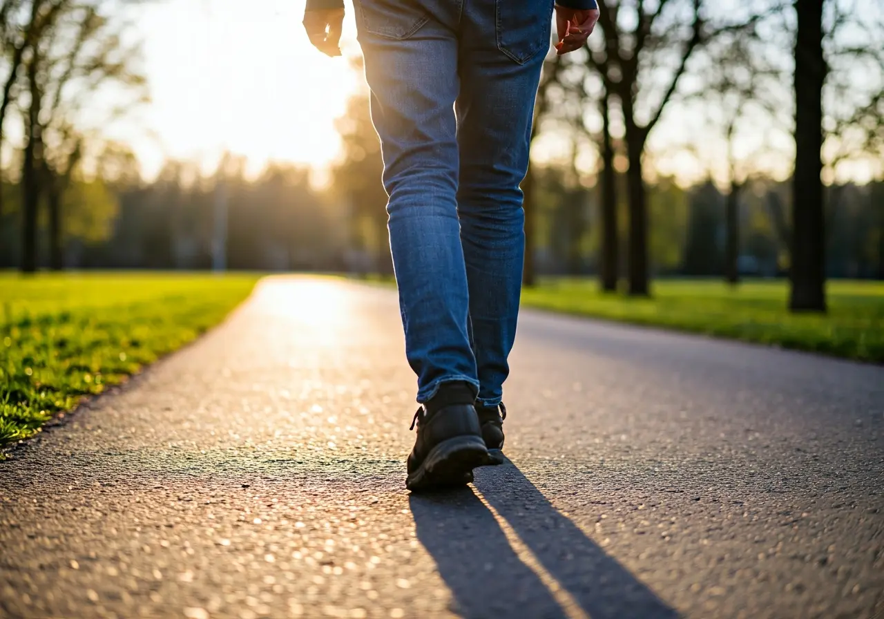 A person walking confidently on a sunny path. 35mm stock photo