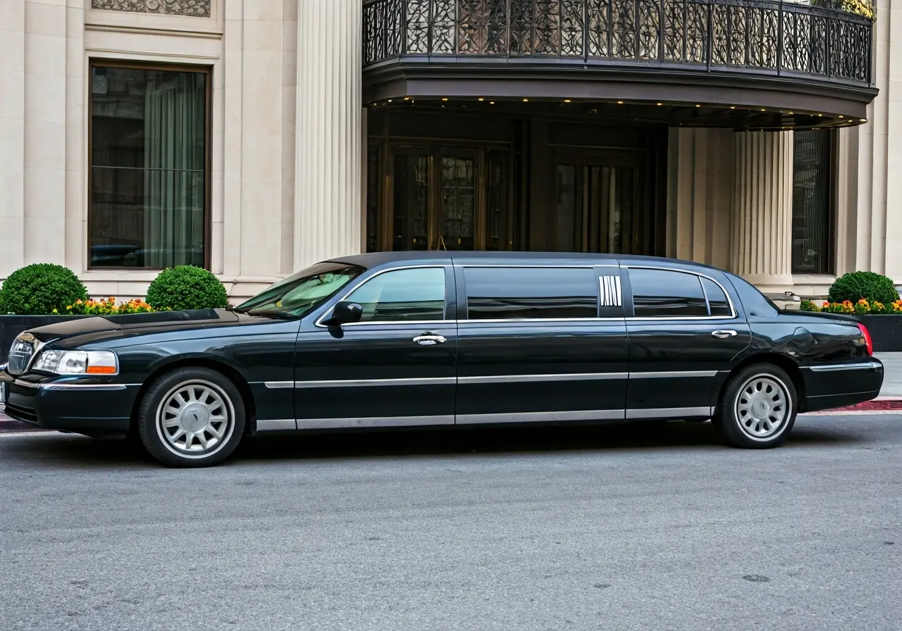 A sleek limousine parked beside a luxury hotel entrance. 35mm stock photo