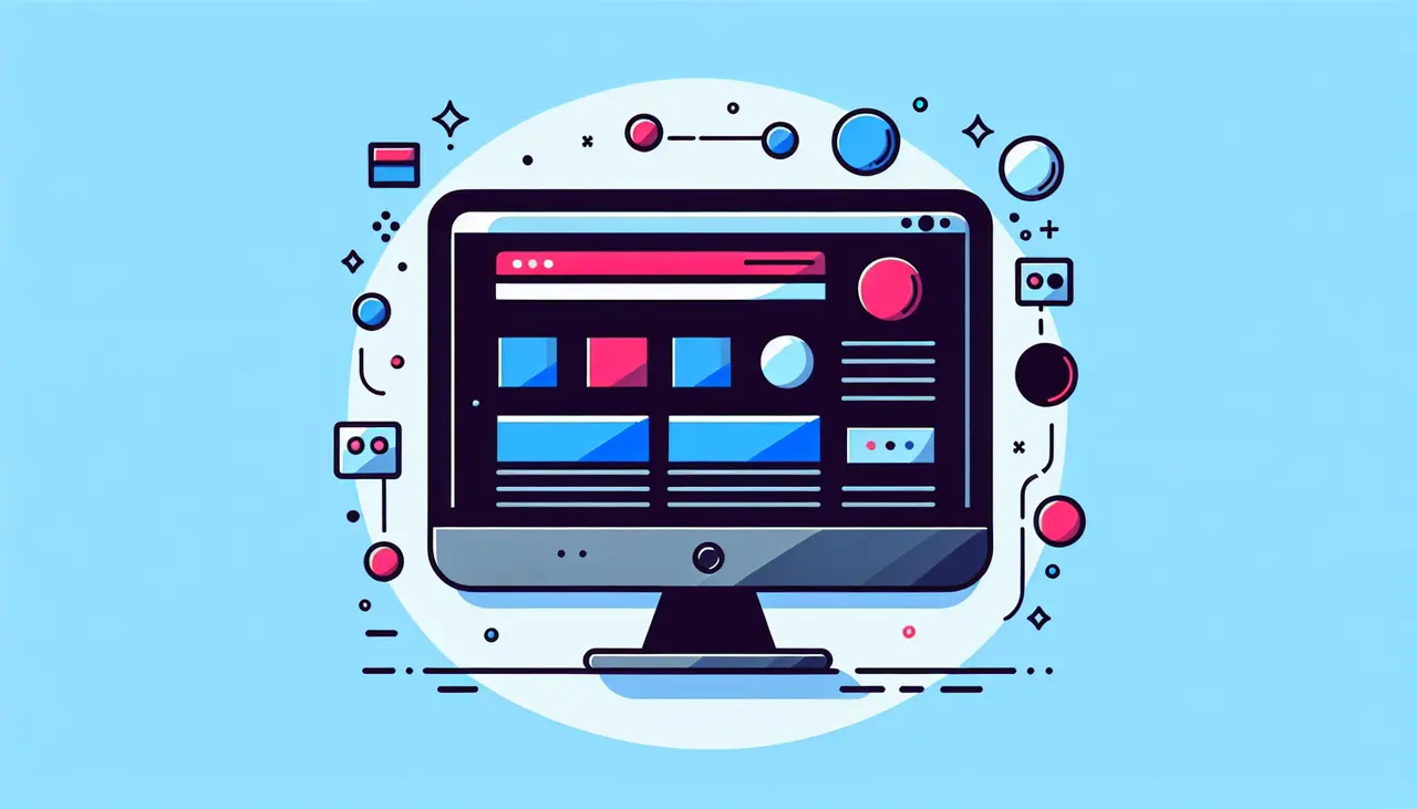 Draw a graphic in flat design style. A sleek, flat design illustration of a computer monitor displaying a modern website layout with minimalist icons and vibrant colors.