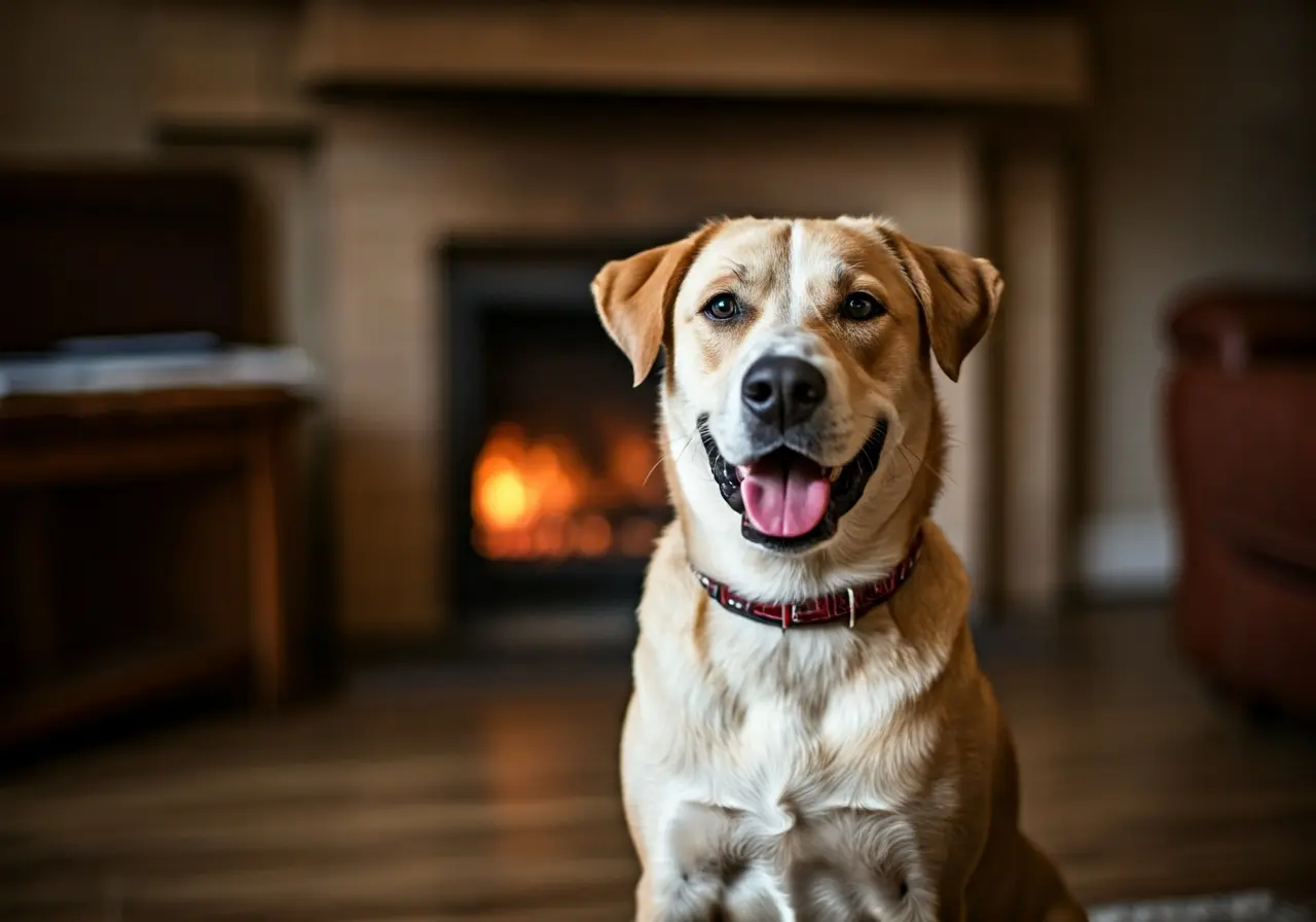 A smiling dog sitting attentively in a cozy living room. 35mm stock photo