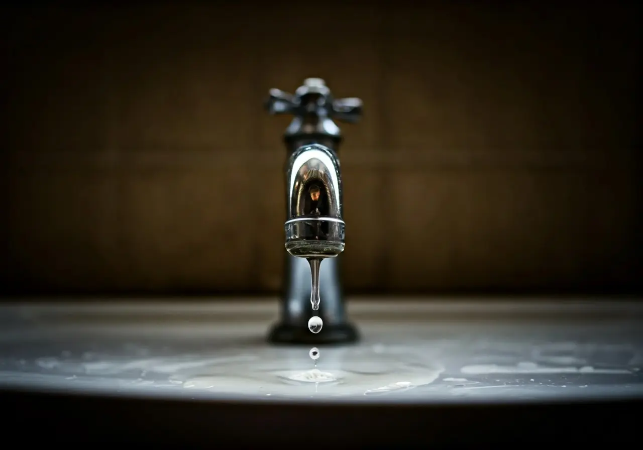 A dripping faucet with a visible puddle on the floor. 35mm stock photo