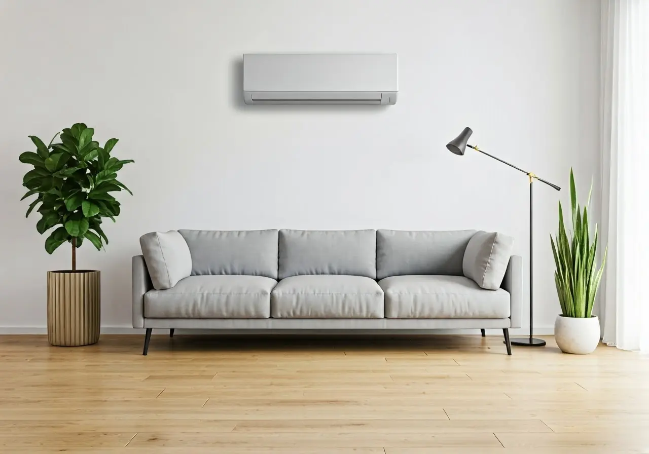 A modern living room with an air conditioning unit installed. 35mm stock photo