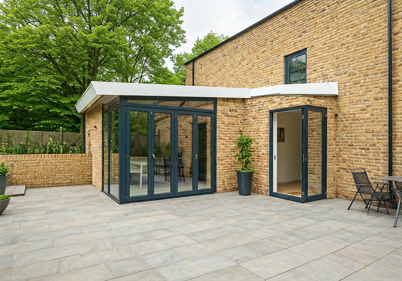 A modern patio with sleek egress doors opening to a garden. 35mm stock photo