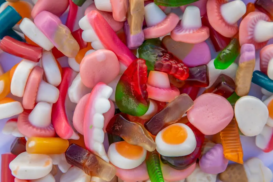 Colorful assortment of gummy candies in various shapes and flavors, perfect for sweet cravings.