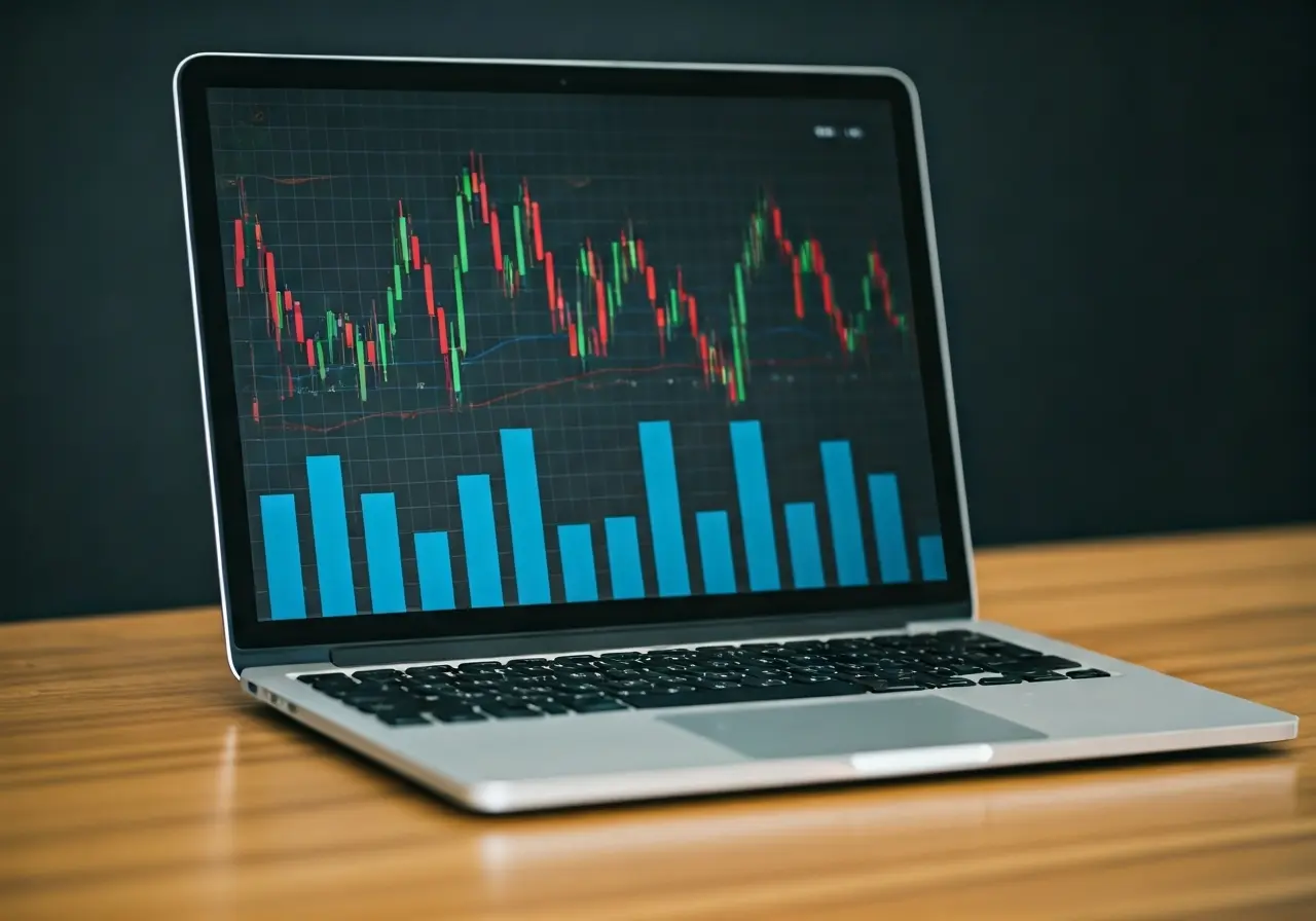 A laptop displaying financial graphs on a wooden desk. 35mm stock photo
