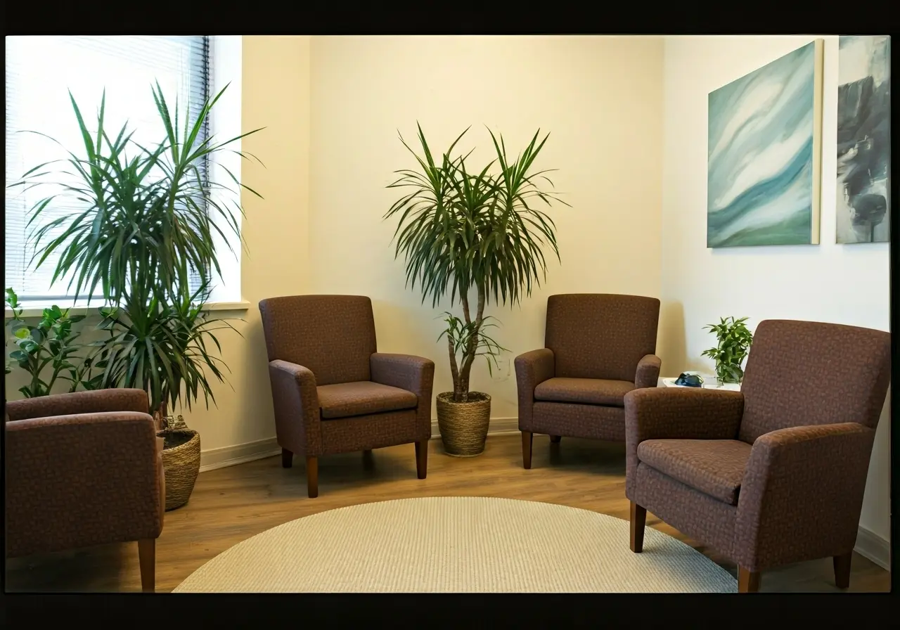 A serene therapist’s office with comfortable chairs and plants. 35mm stock photo