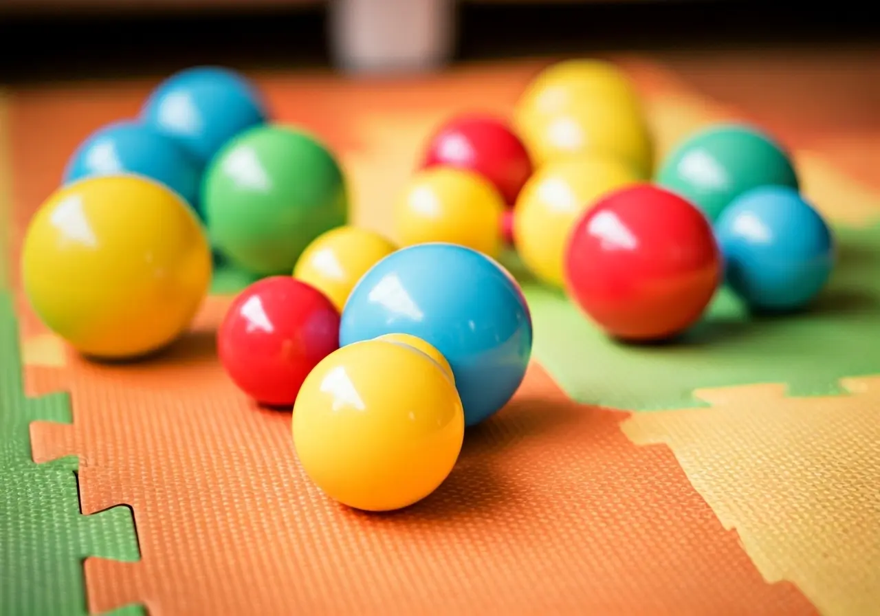 Colorful baby toys scattered on a soft play mat. 35mm stock photo