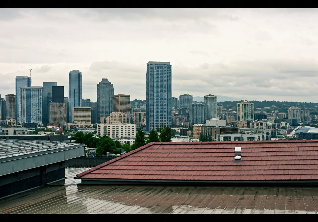 A rainy Seattle skyline with various roofing materials in foreground. 35mm stock photo