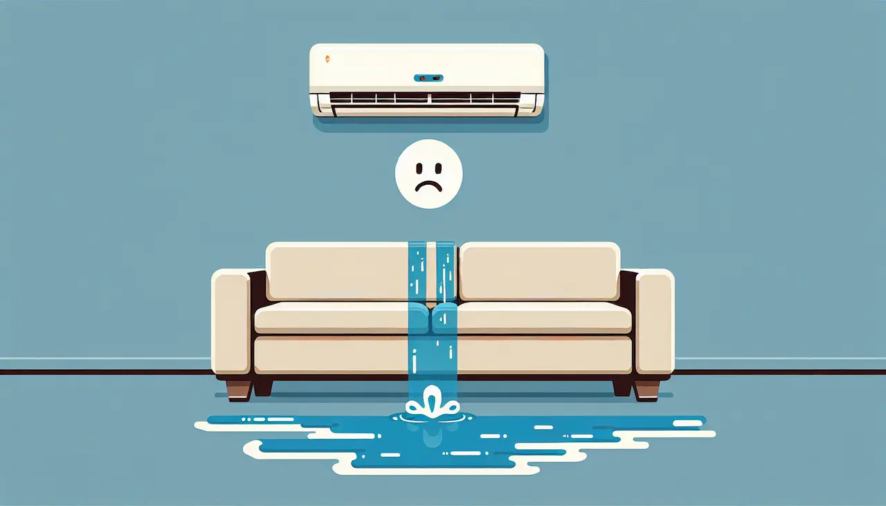 Draw a graphic in flat design style. A flat design image of a living room with a visibly leaking air conditioning unit above a sofa, a water puddle forming on the floor, and a small worried face icon above it.