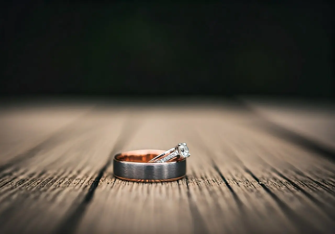 Two interlocking wedding rings on a wooden table. 35mm stock photo