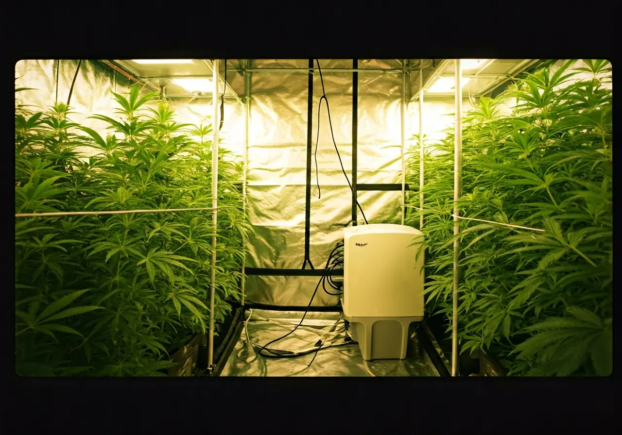 A high-tech cannabis cultivation room with dehumidifiers in use. 35mm stock photo