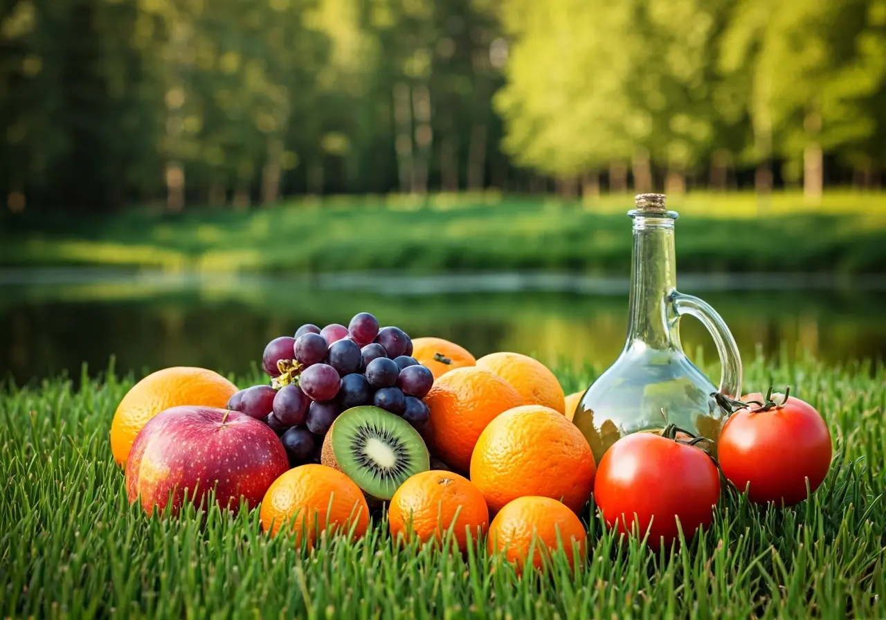 A serene nature scene with fresh fruits and vegetables. 35mm stock photo