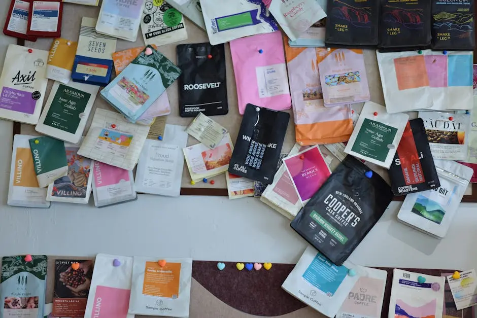 A diverse collection of coffee packages pinned to a bulletin board, showcasing various brands and designs.