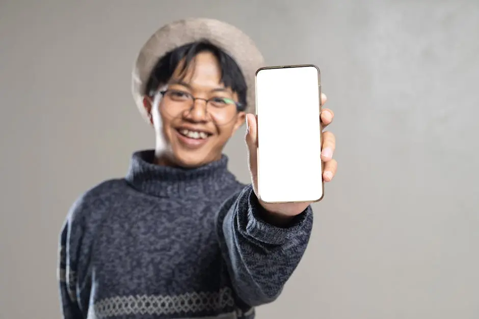 A cheerful young man displaying a smartphone with a blank screen, inviting customization.