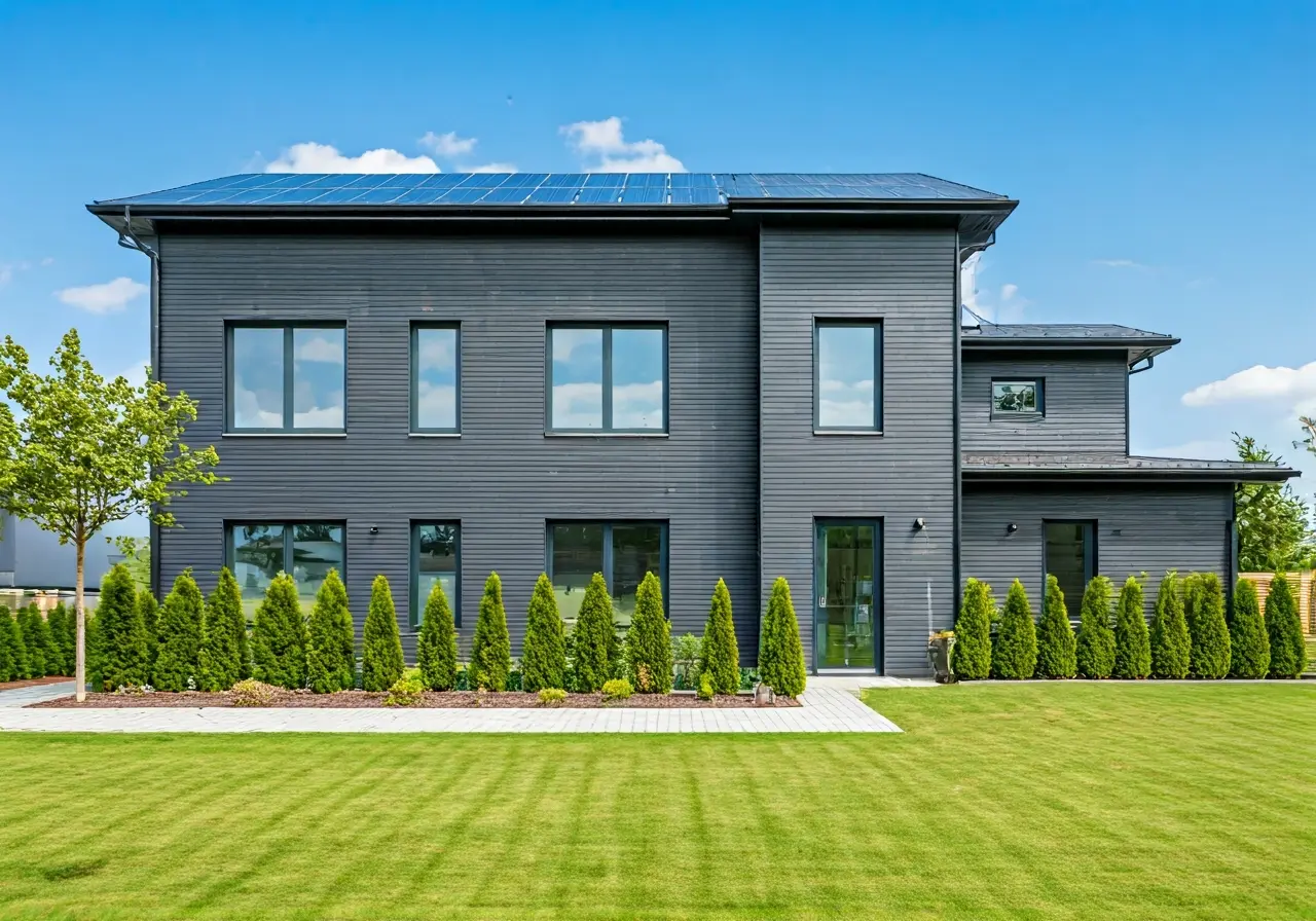 A modern home with smart energy-efficient devices and solar panels. 35mm stock photo