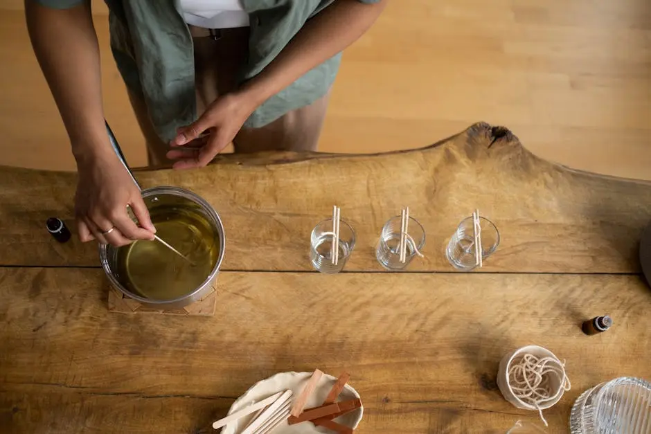 Overhead shot of a person making candles with essential oils, emphasizing DIY creativity.