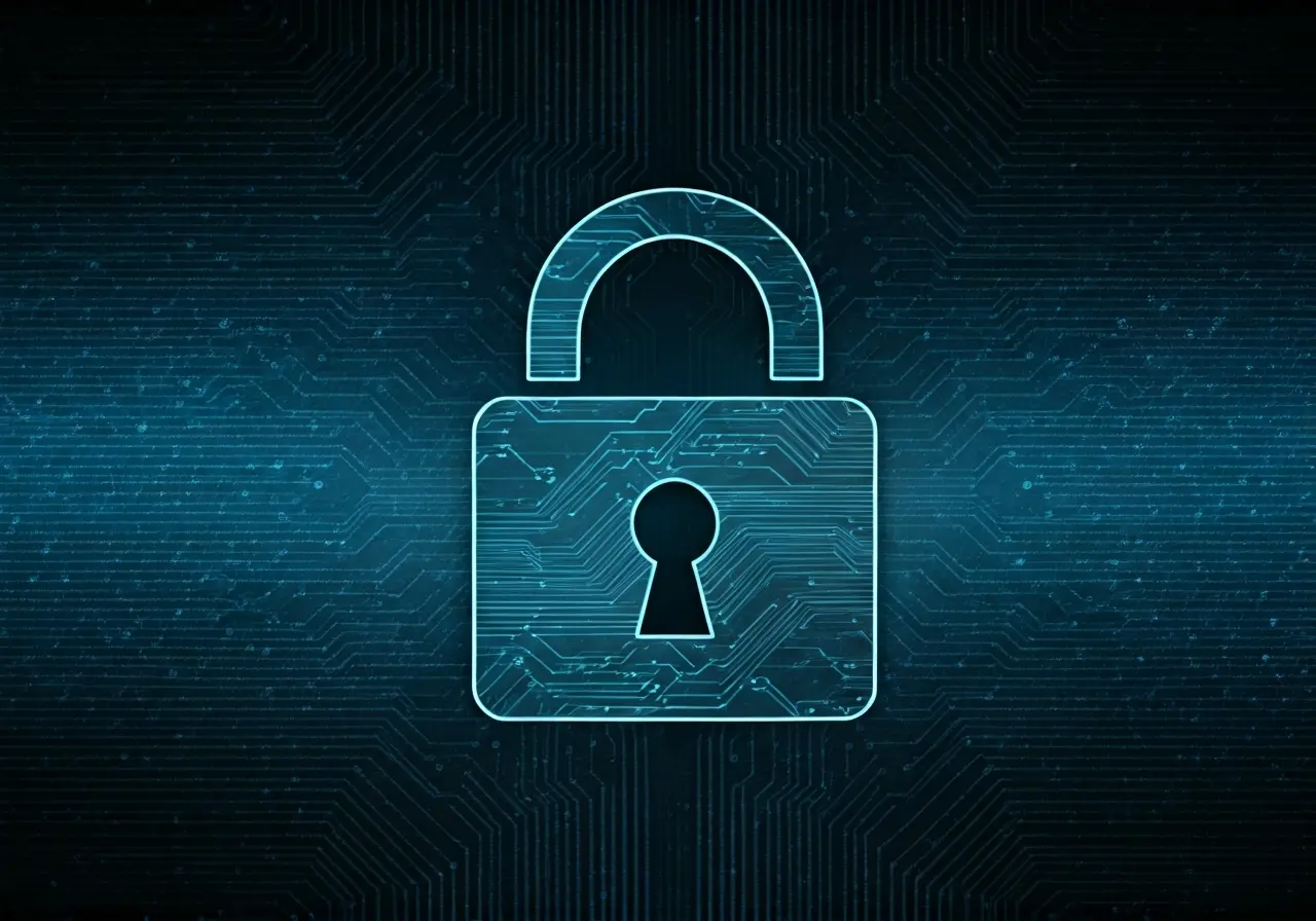 A padlock symbol on a digital circuit background. 35mm stock photo