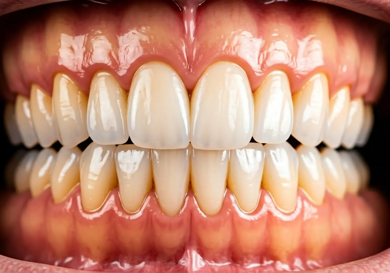 A close-up of a perfect set of porcelain veneers. 35mm stock photo