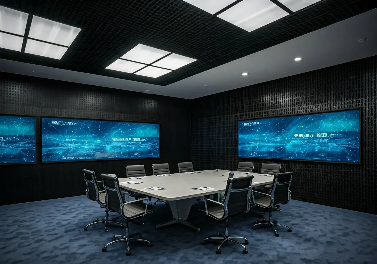 A sleek conference room with digital screens and smart devices. 35mm stock photo