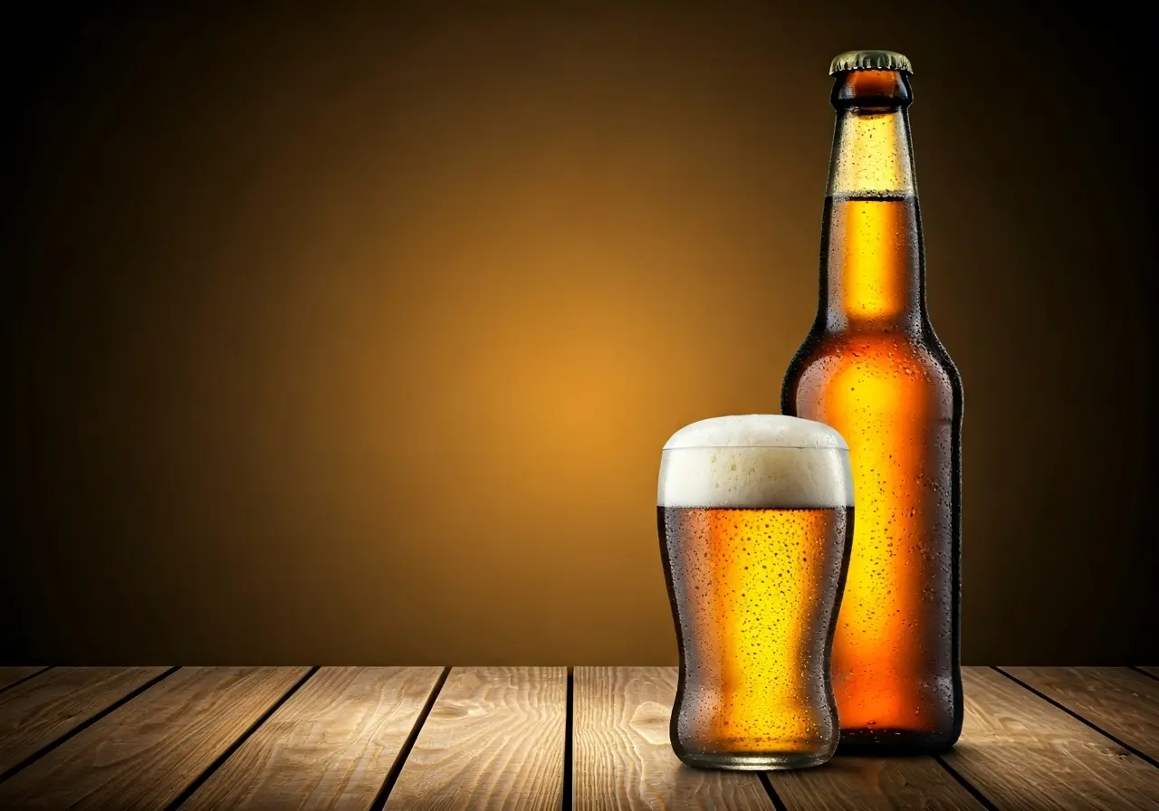 A bottle of zero alcohol beer on a wooden table. 35mm stock photo