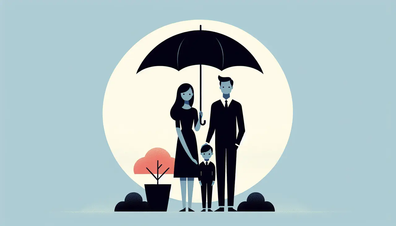 Draw a graphic in flat design style. A serene, minimalist illustration showing a family under a protective, umbrella-shaped crescent moon, symbolizing halal life insurance.